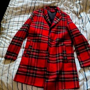 Zara Men’s Size Large Red/Black/Plaid Pea Coat, Fall Coat, Winter Coat for Men.